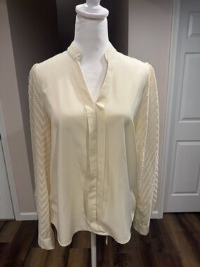 SHEIN Cream V-Neck Long-Sleeve Blouse with Textured Chevron Sleeves